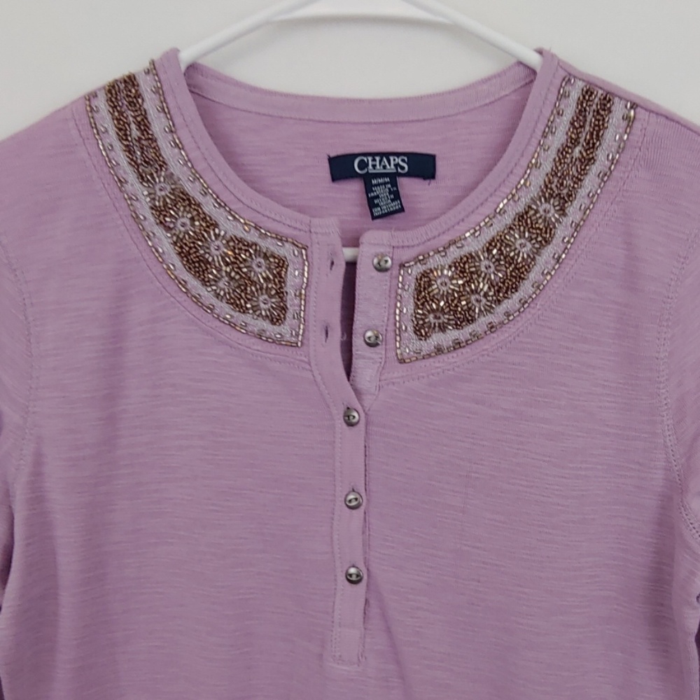 Chaps Purple Beaded Collar Long Sleeve Pullover M